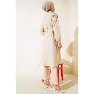 ชุด2ชิ้นผ้าลินินสีเบจสำหรับผู้หญิงเสื้อคลุมยาวมีกระดุม - Product Image 4