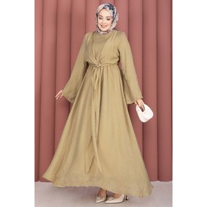 Robe Empire Confortable Vert Olive Coupe A-Line avec Broche Dorée et Boléro Intégré, Style Modeste en Crochet Pailleté pour Invitées de Mariage et Soirées - Product Image 3