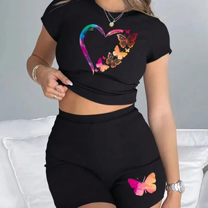 Camisa corta con estampado 3D de alta calidad, conjuntos de mujer transpirables de algodón 100%, nuevo conjunto de 2 piezas de verano personalizado para mujer - Product Image 1
