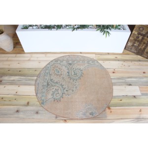 Tapis turc 3,3x3,3 pieds, tapis rond vintage, tapis à motifs floraux orange et vert - Product Image 1