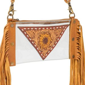 Venta caliente nuevo diseño bohemio azteca occidental cuero genuino calidad premium bolso cruzado hecho a mano con flecos transparentes a la moda - Product Image 3