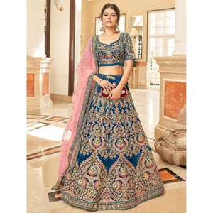 ชุดราตรีผ้ากำมะหยี่ปักลายสีฟ้าอมเขียวสวยงาม ชุดเจ้าสาวเลเฮนกาโชลี - Product Image 4