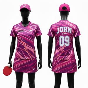Ensemble de tennis de table haut de gamme pour femmes, 180 GSM, polyester respirant, interlock, panneaux diagonaux rose et violet, logo par sublimation - Product Image 6