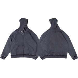 Alta calidad Saint Vanity 100% algodón Zip-up empalme borde deshilachado Metal remache adorno técnica angustiante Sudadera con capucha para hombre - Product Image 3