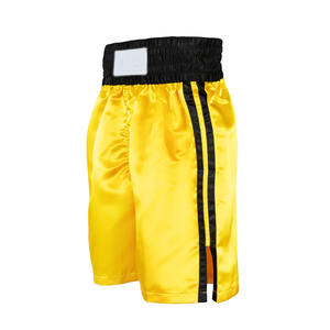 Pantalones cortos de boxeo personalizados hechos en fábrica amarillos 100% poliéster hasta la rodilla con pretina elástica y rayas laterales - Product Image 1
