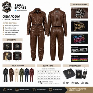 Women's Brown PU Leather Winter Tracksuit Full Sleeve Drawstring <b>Pants</b> Solid Color Casual Wear 2 1 Design Breathable - Product Image 5