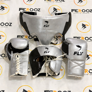 Gants de boxe MMA en cuir de vachette véritable avec poignées, personnalisables noir/argent, équipement d'entraînement réglable à lacets - Product Image 1