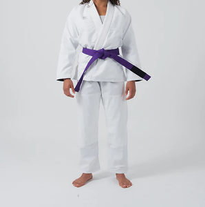 Kimono de judo blanc pour homme adulte, 100 % coton, 460 g, imprimé par transfert thermique, fusion sans couture, séchage rapide, ceinture violette, logo frontal, option personnalisée - Product Image 2