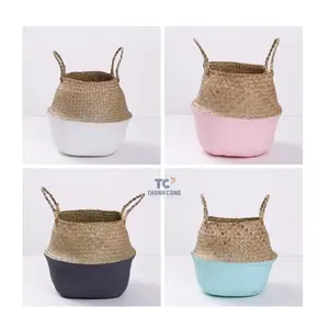 Bán Buôn Boho Cỏ biển Bụng Giỏ Với Poms Grey Pom Pom Pom Trồng Giỏ Lớn Wicker Lưu Trữ Giỏ Trang Trí Nội Thất Quà Tặng