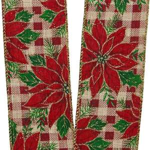 Poinsettia Christmas <b>Ribbon</b> on <b>Red</b> Gingham Wired Christmas <b>Ribbons</b> - Product Image 4
