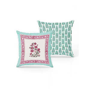 Funda de cojín de algodón hecha a mano con estampado de bloques de Rajasthani Motivos Rosa turquesa Juego de 5 piezas - Product Image 2