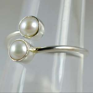 Handmade 925 Sterling <b>Silver</b> Dual Pearl <b>Ring</b> <b>Adjustable</b> June Birthstone Jewelry Perfect Gift for Her Promise <b>Ring</b> - Product Image 5