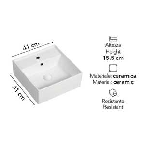 Lavabo Quadrato da Bagno 41x41cm in Ceramica Bianca Design Italiano Koricini con Fori per Rubinetteria - Product Image 3