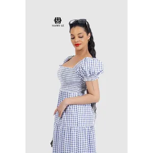 LOVELY NAVY CHECK SQUARE NECK SHIRRED MAXI DRESS-MD25ウーマンドレス若くて甘いスタイルの販売