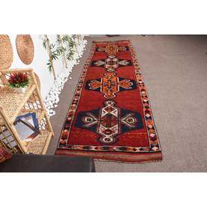 Turkish Vintage <b>Runner</b> Rug 3.4x11.7 ft, Herki <b>Red</b> Wool Rug - Product Image 1