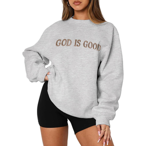 Sweatshirts à col rond en molleton surdimensionné pour femmes, broderie 3D GOD IS GOOD sur le devant, logo décontracté, pull à capuche GK, badge d'hiver - Product Image 1