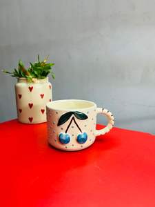 3D Cherry Pattern <b>Ceramic</b> Coffee <b>Mug</b>, 300ml White with Pink Design Hot Beverages Microwave and Dishwasher Safe - Product Image 2