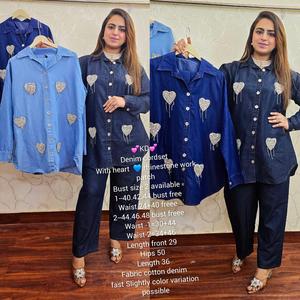 Nouvelle version modeste deux pièces femmes Denim Coord ensemble traditionnel musulman vêtements accessoires Blouse pantalon en gros malaisie - Product Image 4