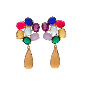 Recién llegado, pendientes largos chapados en oro, diseño de flores, pendientes de piedras preciosas de color brillante de Gemstone - Product Image 1