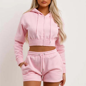 Custom Two Piece Distressed Woman Cotton Blank <b>Zip</b> up Cropped Sweatsuits Jogging Hoodie Tracksuits 2 Piece <b>Shorts</b> Set for Women - Product Image 4