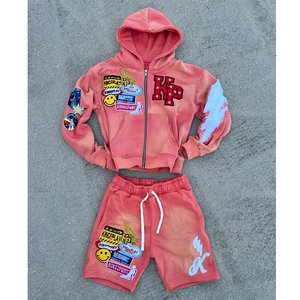 Conjunto Deportivo de Sudadera con Capucha y Pantalones Cortos de Felpa Gruesa con Lavado Ácido y Estilo Vintage, Personalizado con Logotipo OEM 2025 para Hombre - Product Image 3