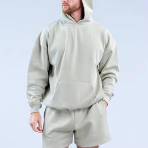 Ensemble de survêtement en molleton technique en coton et polyester personnalisable, respirant, à capuche, uni, blanc, pour le sport, la salle de sport, coupe ample, shorts - Product Image 4