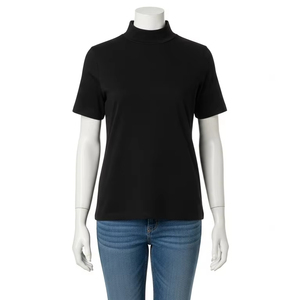 T-shirt en jersey écologique à col montant pour femmes Haut décontracté en tissu extensible en coton mélangé doux pour un usage quotidien et à la mode - Product Image 1