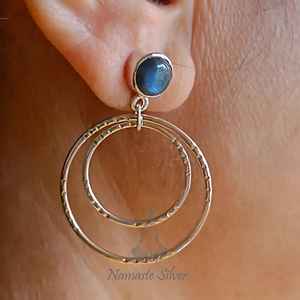 925 Sterling <b>Silver</b> <b>Dangle</b> <b>Earrings</b> with Natural Labradorite Gemstone Double Hoop Geometric Birthstone Labortite <b>Earrings</b> - Product Image 3