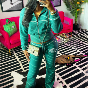 ชุดวอร์มผู้หญิง2024 2ชิ้นมีซิปเซ็ตชุดวอร์มโลโก้ที่กำหนดเองชุดใส่อยู่บ้านวาฟเฟิลถักชุดวอร์มยาวเต็ม - Product Image 1