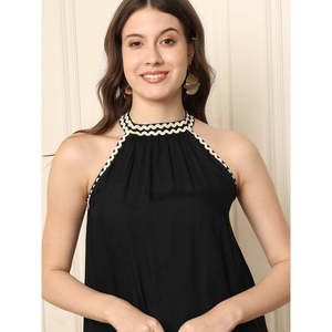 Deebaco Women's <b>Black</b> Co-Ord Set Sleeveless Lace WorkHalter Top With Side Stripe <b>Pants</b> Casual Summer Western 2 Piece Outfits - Product Image 2