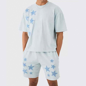 Conjunto de pantalones cortos bordados desgastados personalizados para hombre de alta calidad, 2 uds., esquema de varios colores, que incluye camisetas, medio logotipo con - Product Image 5