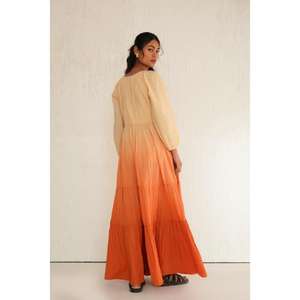 Robe maxi longue pour femme, dégradé orange, col en V, manches courtes, à volants, en coton, bohème, gothique, florale, été, évasée - Product Image 4