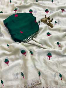 Sari en soie Rangoli doux pour femmes, broderie, travail de pallu magnifique, véritable travail de miroir, bordure découpée, fabriqué en Inde - Product Image 4