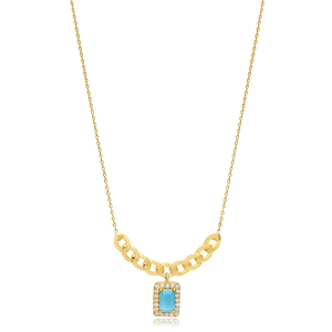 Diseño de forma rectangular turquesa CZ piedra brillante encanto collar turco hecho a mano colgante 925 joyería de plata - Product Image 1