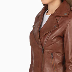 Chaqueta de motorista marrón de cuero genuino para Mujer | Prendas de abrigo elegantes ajustadas | Fabricante de proveedores al por mayor OEM ODM - Product Image 3