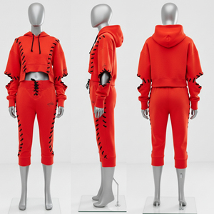 Invierno venta al por mayor mujer 2 piezas conjunto Streetwear mujeres chándales algodón polar personalizado con capucha algodón chándal - Product Image 2