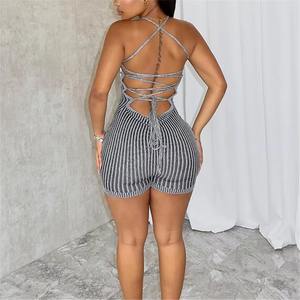 Personnaliser la mode tricoté rayure impression licou moulante barboteuses femmes sans manches dos nu à lacets combinaisons - Product Image 3