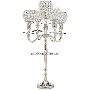 Look attrayant cristal clair perlé et argent brillant poli Top qualité métal fait 5 bras candélabre pièce maîtresse de Table de mariage - Product Image 5