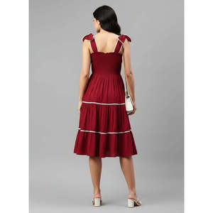 Vestido Deebaco para Mujer, Rojo, Vintage, de Rayón, Corte en A, con Volantes, Cuello Cuadrado, Sin Mangas, Largo Midi, Cintura Imperio, Estilo Occidental - Product Image 4