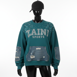 Sudadera de Mujer, Mezcla de Algodón Grueso, Color Verde Azulado, Panel de Mezclilla, Estampado de Diamantes de Imitación, Logotipo Personalizado, Sudaderas Transpirables para Mujer - Product Image 6