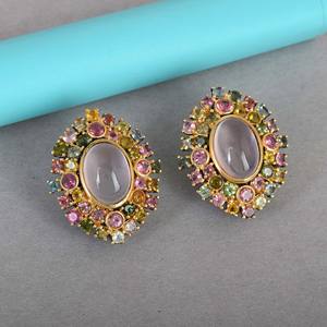 Pendientes de plata de ley 925 con gema de turmalina, joyería de cuarzo rosa ovalada, con cierre de tuerca, para bodas - Product Image 4