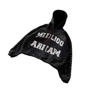 Sudadera con capucha corta de peso pesado con cremallera, lavado ácido, pedrería, estilo urbano, con corte y costura, fabricante - Product Image 4