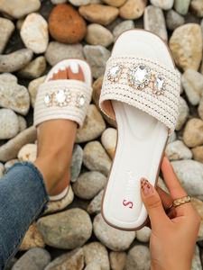 Pantoufles plates de style bohème pour femmes décontractées pour la fête plage loisirs strass perle décor - Product Image 4