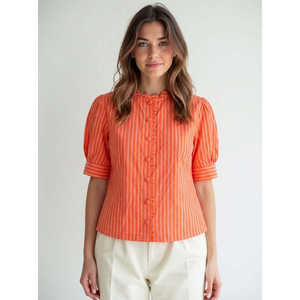 Blusa de Algodón Tejido a Rayas de Inspiración Vintage con Volantes, Bordado Festoneado y Botones - Disponible en Talla XS - Primavera Verano - Product Image 1