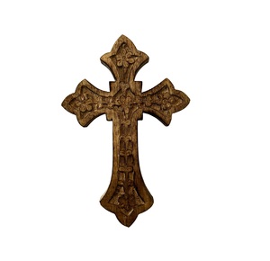 Croix murale vintage en bois sculptée à la main Art chrétien religieux et décoration intérieure Design floral de style antique Cadeau spirituel parfait - Product Image 1