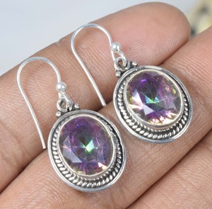 Mystic Topaz 925 plata esterlina piedra preciosa mirada pendiente abril piedra natal forma ovalada joyería hecha a mano regalo para cumpleaños - Product Image 2