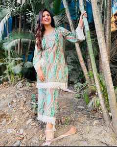 Renard lourd Georgette Kurta pantalon cordon ensemble robe avec impression numérique avec manches longues avec fantaisie travail tenue décontracté belle couleur - Product Image 2