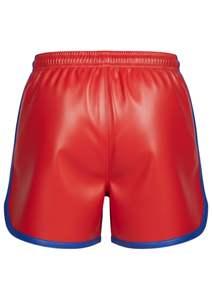 Nouveaux shorts de sport pour hommes en cuir véritable tendance avec cordon de serrage à la taille Rouge avec bordure bleue - Product Image 3