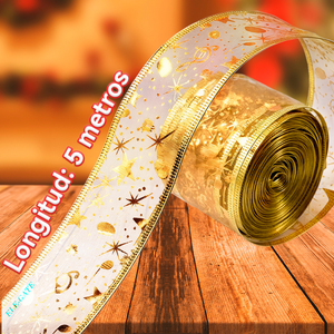 Nastro natalizio trasparente dorato con motivi natalizi e 30 ornamenti a forma di fiocco di neve in plastica oro, argento e grigio - Product Image 4