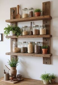 Natural Kitchen Spice Rack with Glass Jars <b>Wooden</b> <b>Shelving</b> Iron Frame and Resin Accents for Stylish Organized Storage - Product Image 3